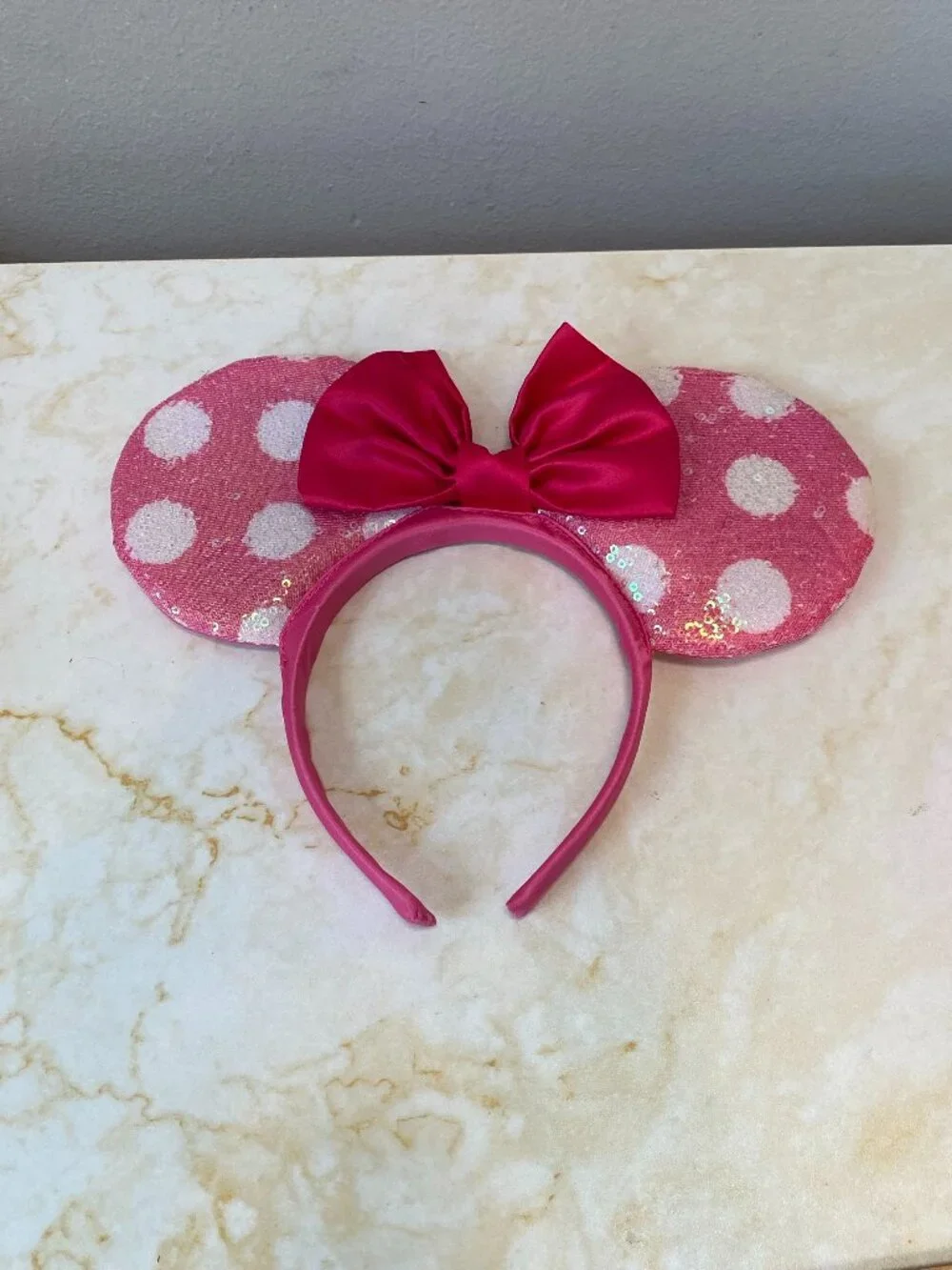 Disney Junior Minnie Mouse Pink White Polka Dot Sequin Ears Headband